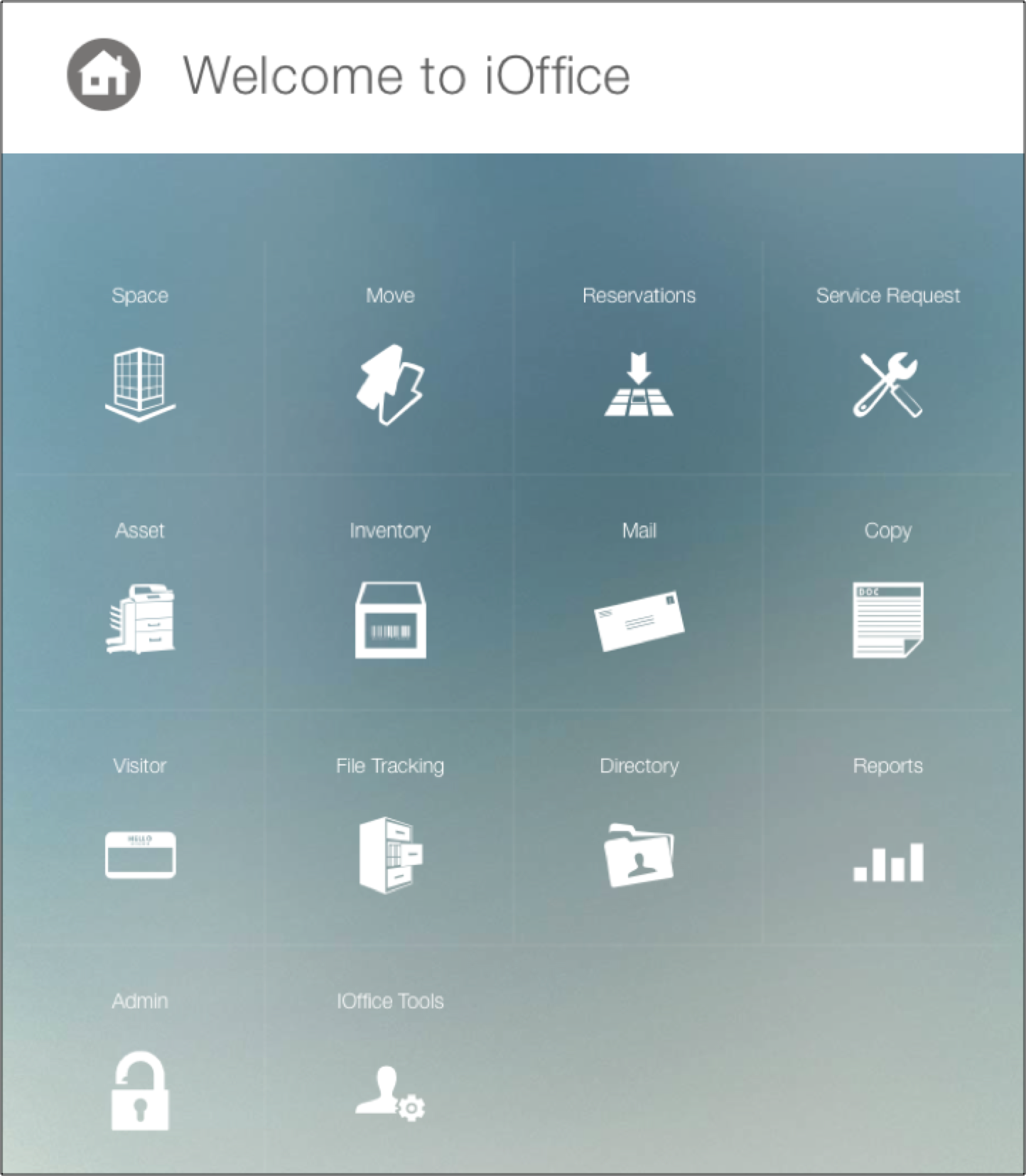 This is a screenshot of the iOffice Dashboard. Each tile will allow you to access a different iOffice module. 